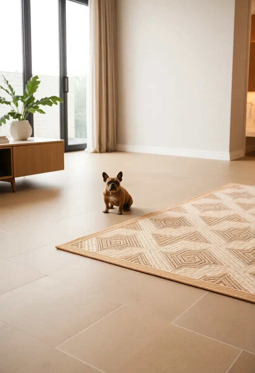 Modern living room floor with greige matte porcelain tiles, geometric low-pile rug in sand and ivory, French bulldog sitting at rug edge