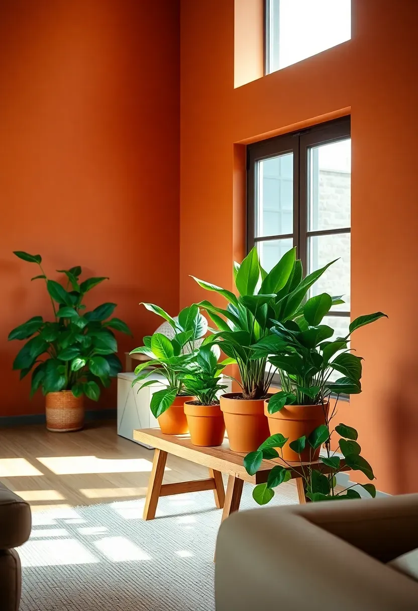 Grouped indoor plants of varying heights near a window in a boho minimalist rental living room