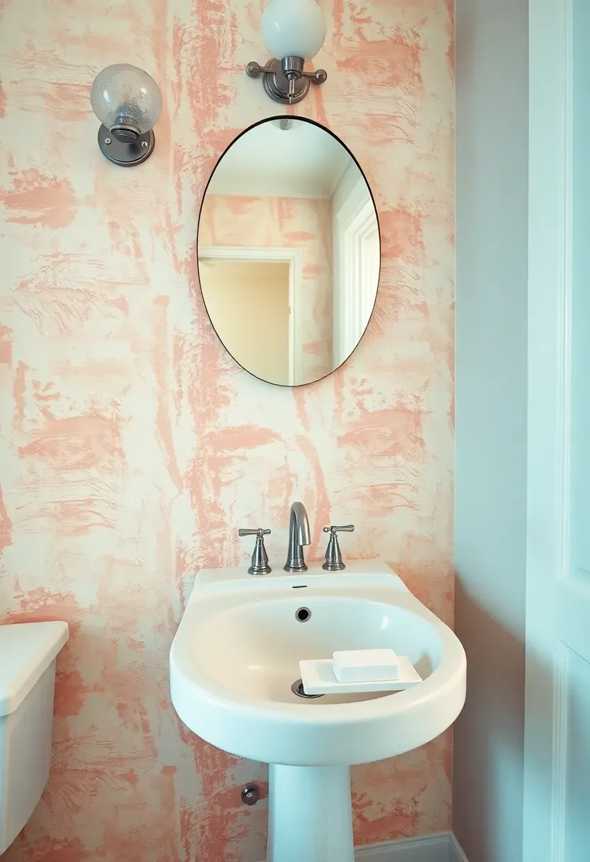 Moisture-resistant wallpaper with abstract brush stroke pattern in blush and cream in a bathroom with pedestal sink