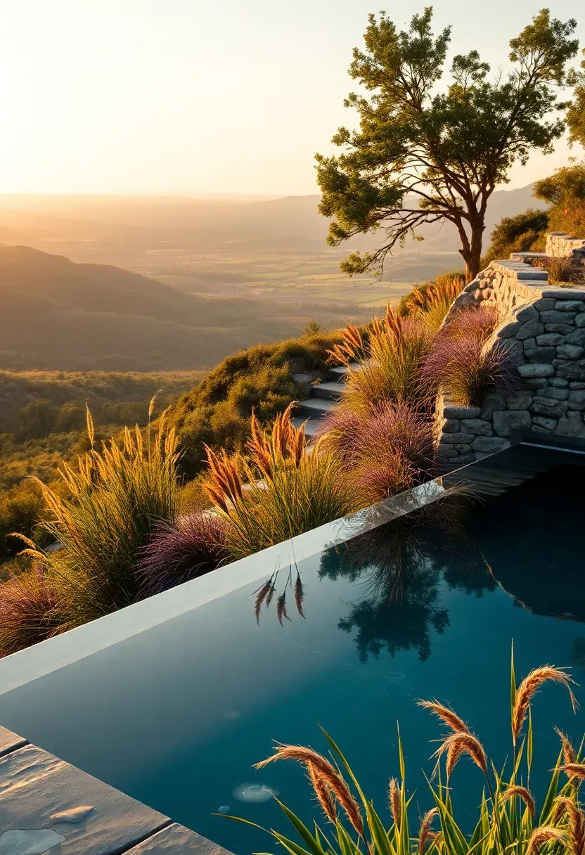 Infinity edge pool on a hillside with cascading native plantings, ornamental grasses, and terraced stone retaining walls overlooking a valley