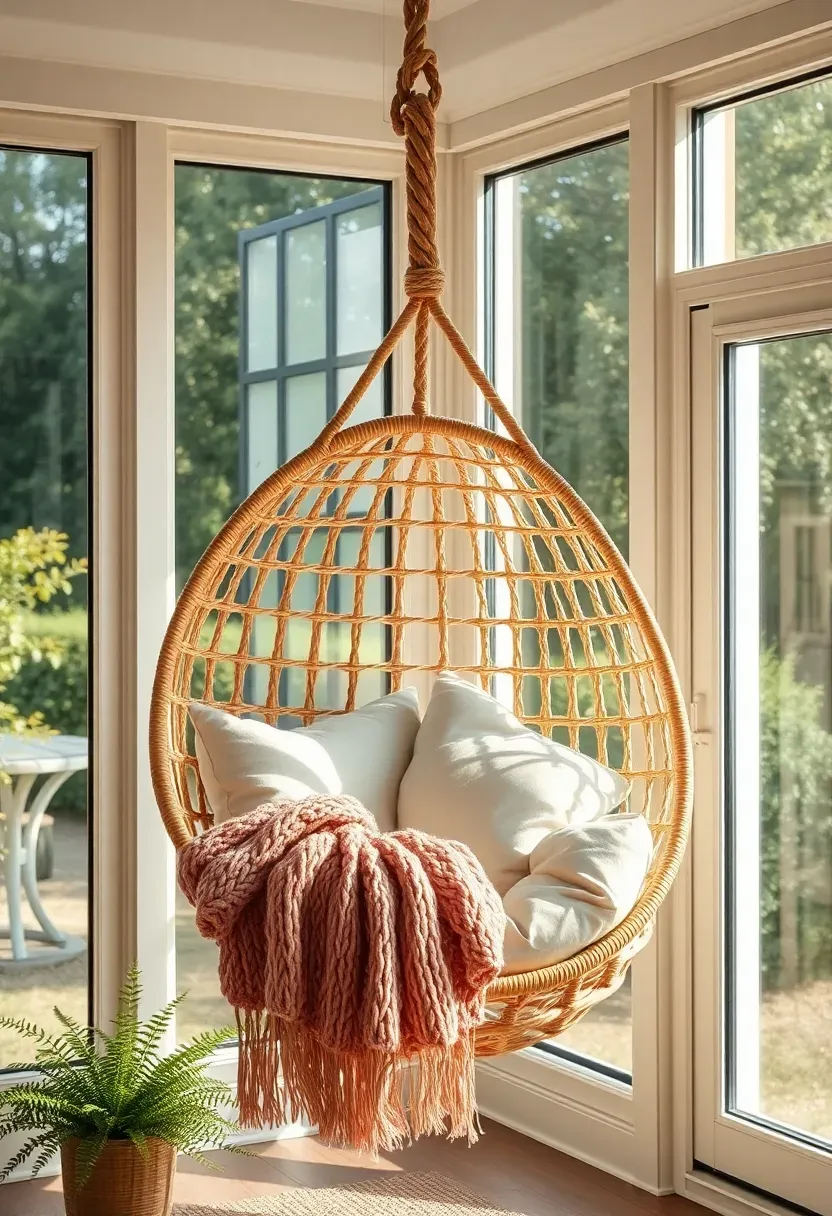 Hanging rattan egg chair with cream cushion and a chunky knit throw suspended from a sunroom ceiling with garden view through large windows