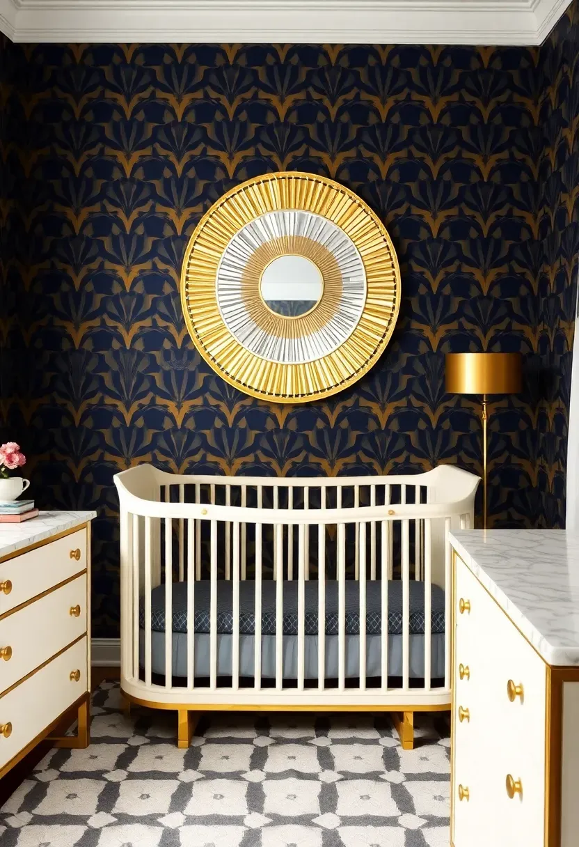 Art deco nursery corner with geometric wallpaper and brass geometric shelving