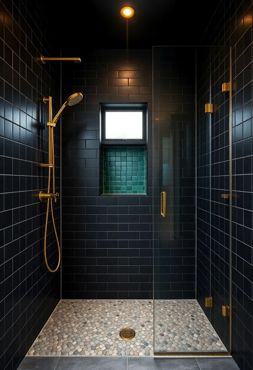 Black tile walk-in shower with brass rainfall showerhead, glass door, and warm wood vanity