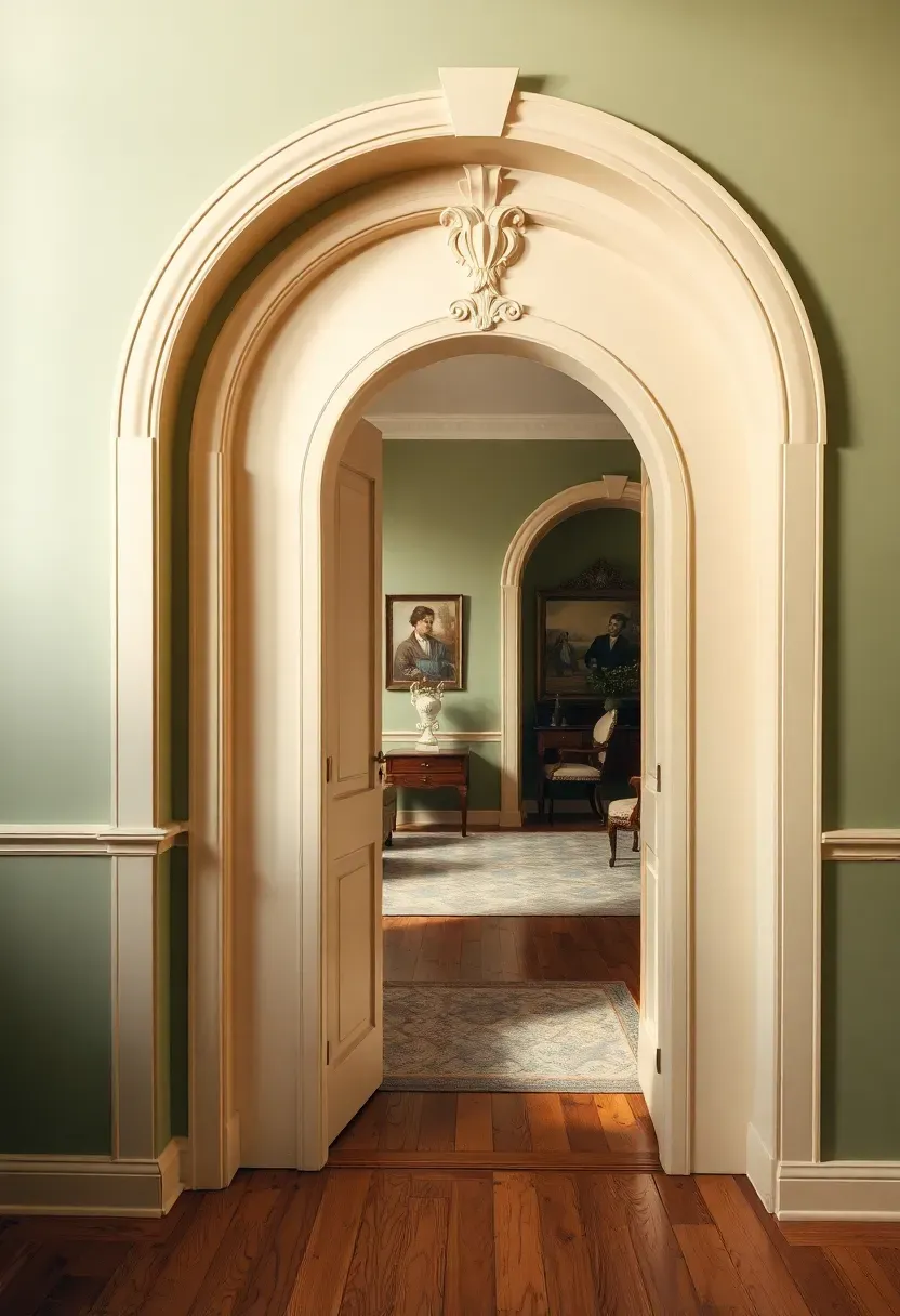 Whiplash curve archway in Art Nouveau interior with flowing plaster molding