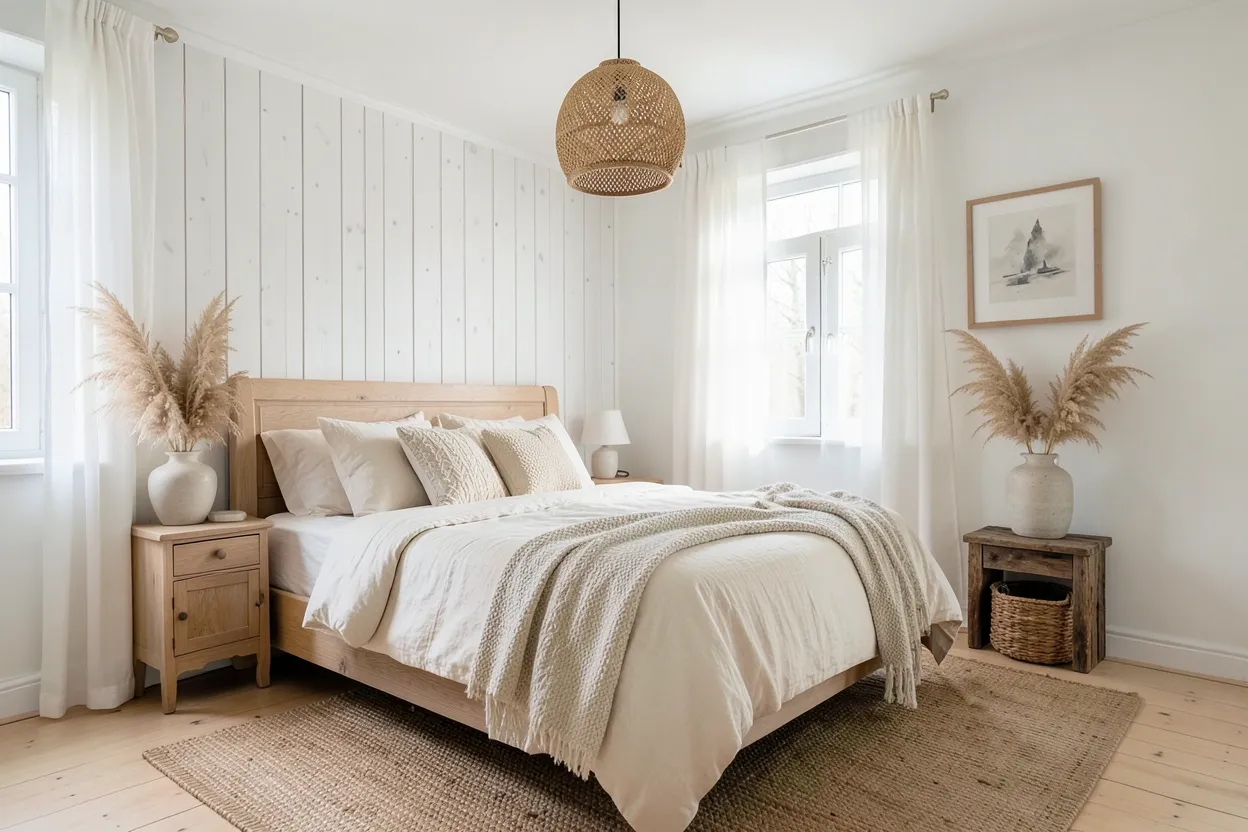 Scandinavian farmhouse bedroom with whitewashed wood paneling, natural linen bedding, rattan pendant light, and neutral earth tone decor