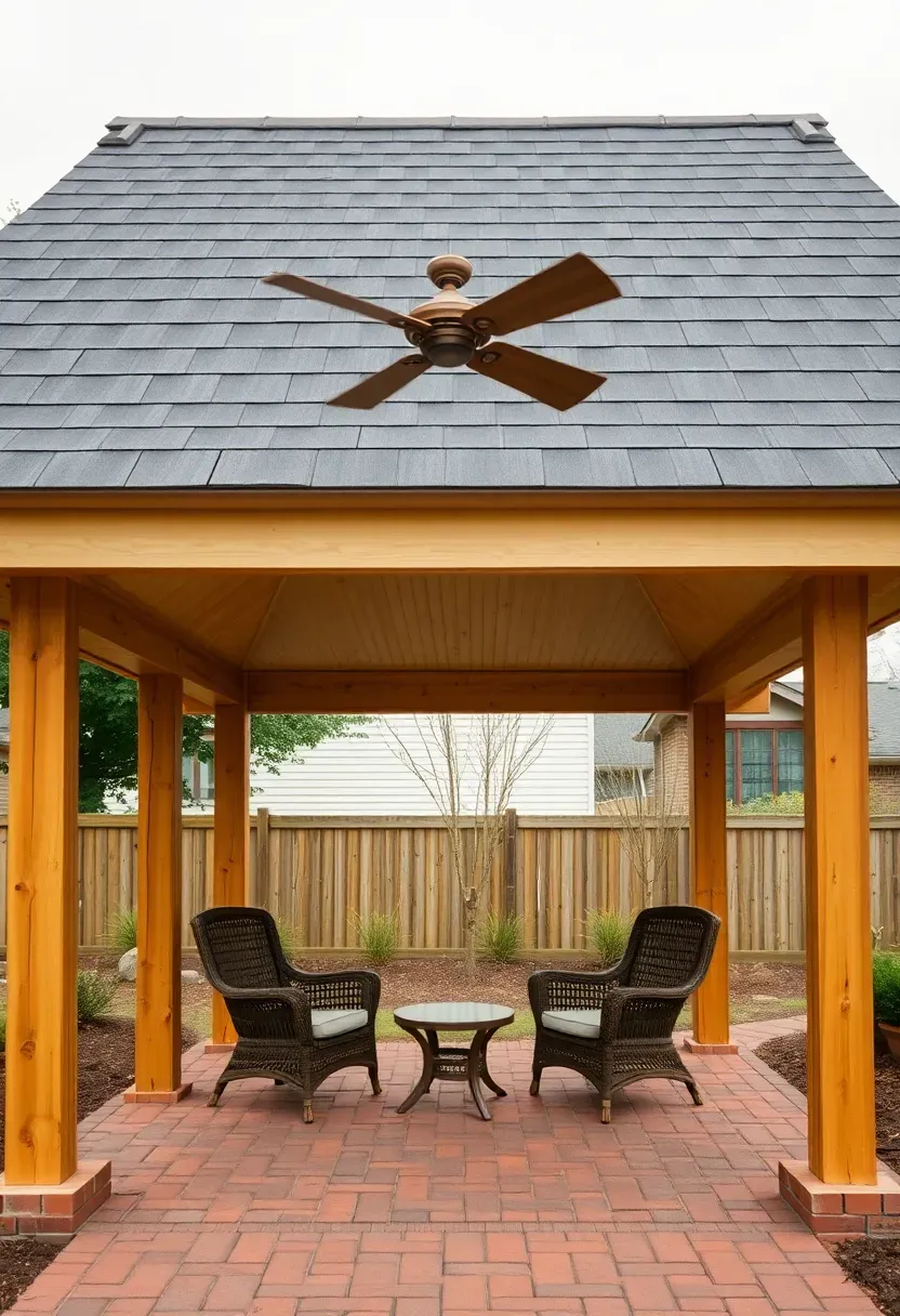 A hip roof backyard pavilion with four sloping sides covered in architectural shingles, supported by stained cedar columns on a brick paver base, with a ceiling fan mounted at center