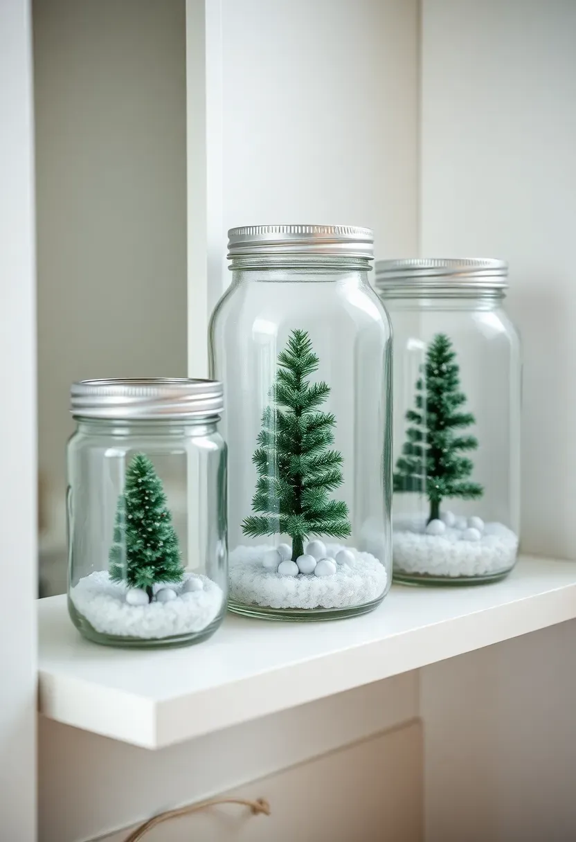 Hyper-realistic 3/4 view of bedroom shelf with three mason jar snow globes in varied sizes. Each jar contains small bottle brush tree in forest green, white faux snow surrounding tree base. Jars with silver lids, arranged in ascending height. White shelf, white walls beyond. Materials: mason jars, bottle brush trees, faux snow. Natural light from window, snow visible through glass creating winter effect. Nostalgic Christmas DIY decor. Shallow depth of field, sharp details on jar details. No text, no logos, no watermarks.</p>