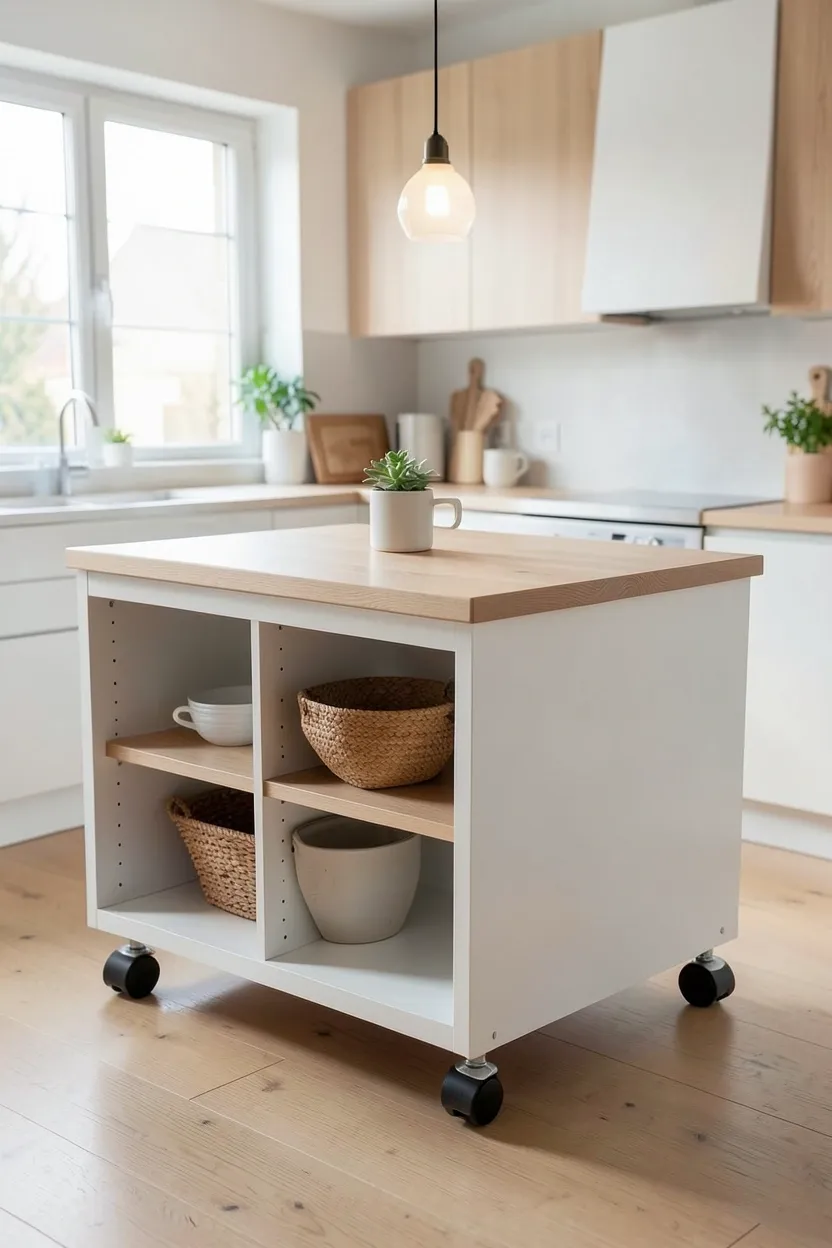 Freestanding butcher block kitchen island on locking casters in a compact Scandinavian apartment kitchen