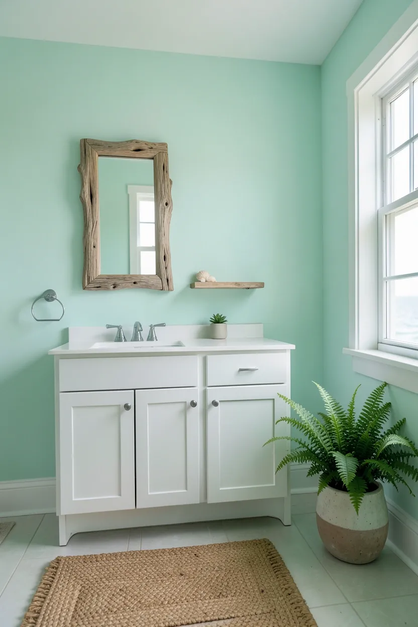 Seafoam green bathroom walls with jute rug, wood-framed mirror, and coastal shell accents — breezy green bathroom decor idea