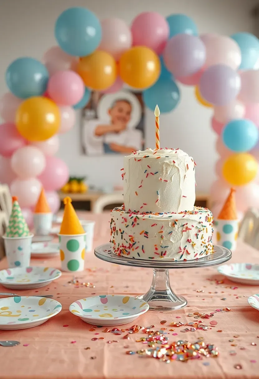Colorful kids birthday table with balloon arch backdrop, themed plates, confetti, and a tiered cake display