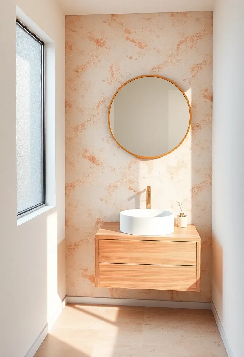 Modern bathroom accent wall with a terrazzo-inspired finish in warm pink and earthy brown chips against a cream base