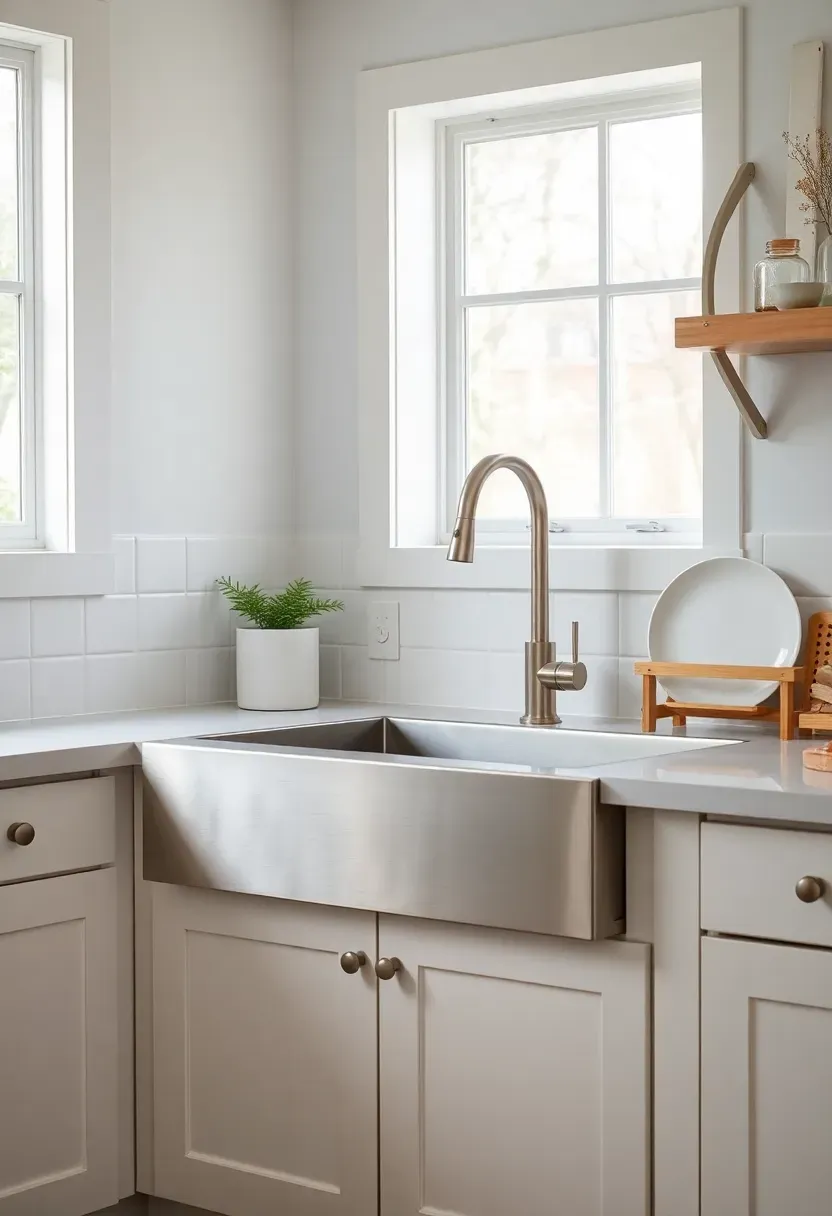 large single-basin stainless steel farmhouse sink installed in a small kitchen