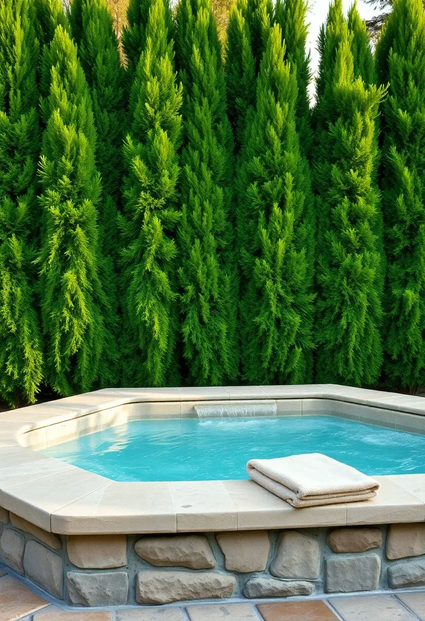 A row of tall emerald green arborvitae trees forming a dense privacy hedge behind a sunken backyard hot tub on a stone patio