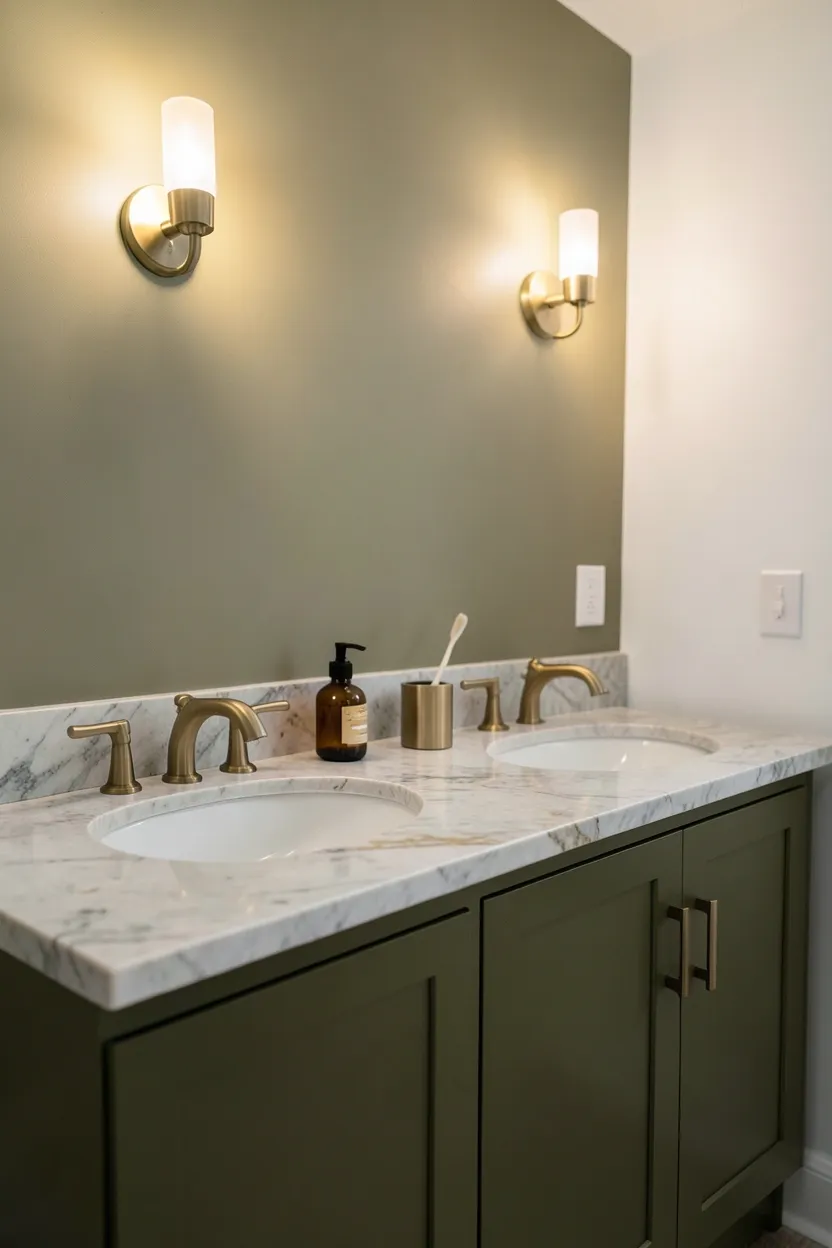 Olive green bathroom vanity with warm brass knobs and faucet against white walls — earthy green bathroom decor idea