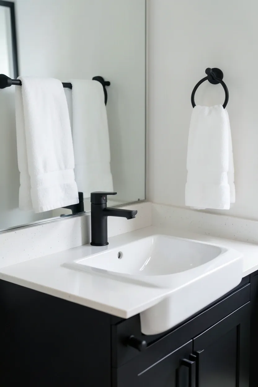 Modern brass wall sconces flanking a bathroom mirror replacing builder-grade light fixture in a rental apartment
