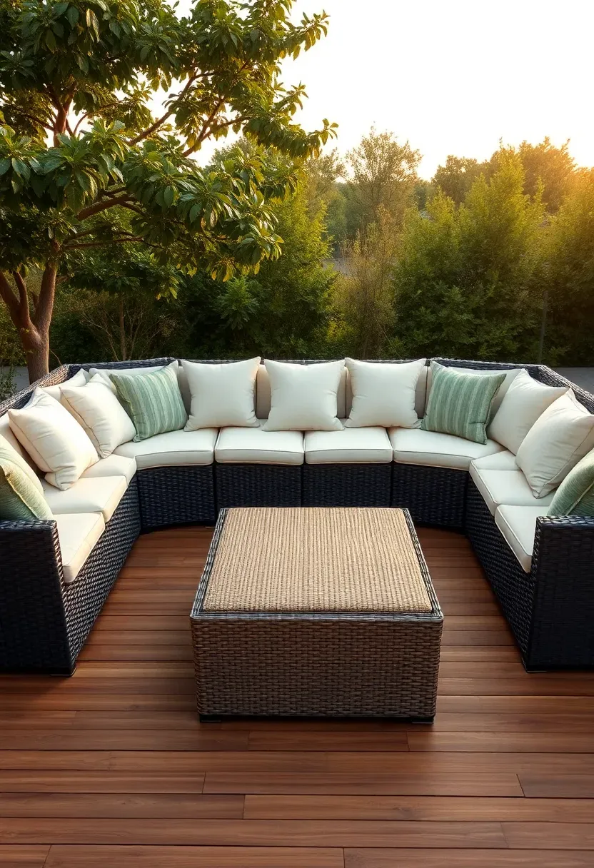 Sunken modular sectional sofa arrangement on a terrace creating a pit-style seating area with throw pillows and a central ottoman