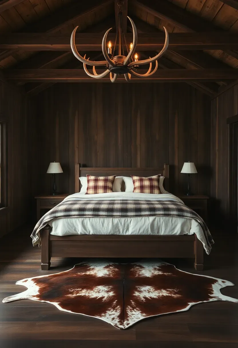 Hyper-realistic wide shot of a moody rustic bedroom with dark walnut wood paneling on walls, exposed wood ceiling beams, queen bed with cream quilt and plaid pillows, wood bed frame, antler chandelier. Visible room context with dark wood floors, cowhide rug. Materials: dark walnut paneling, exposed beams, cream cotton, plaid wool, cowhide, antler. Warm ambient lighting from antler chandelier, rustic shadows on wood. No text, no logos, no watermarks.</p>