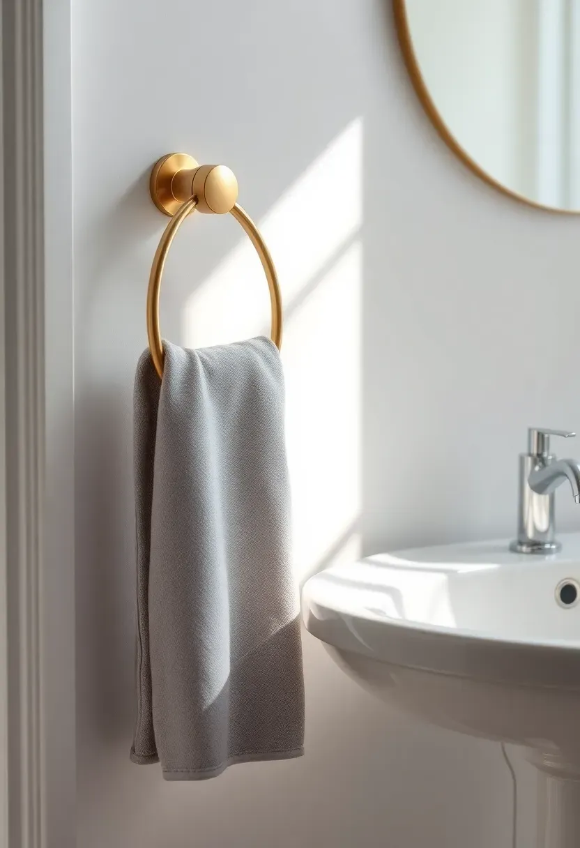 Brushed brass towel ring mounted on a white wall next to a pedestal sink with a neatly folded gray hand towel