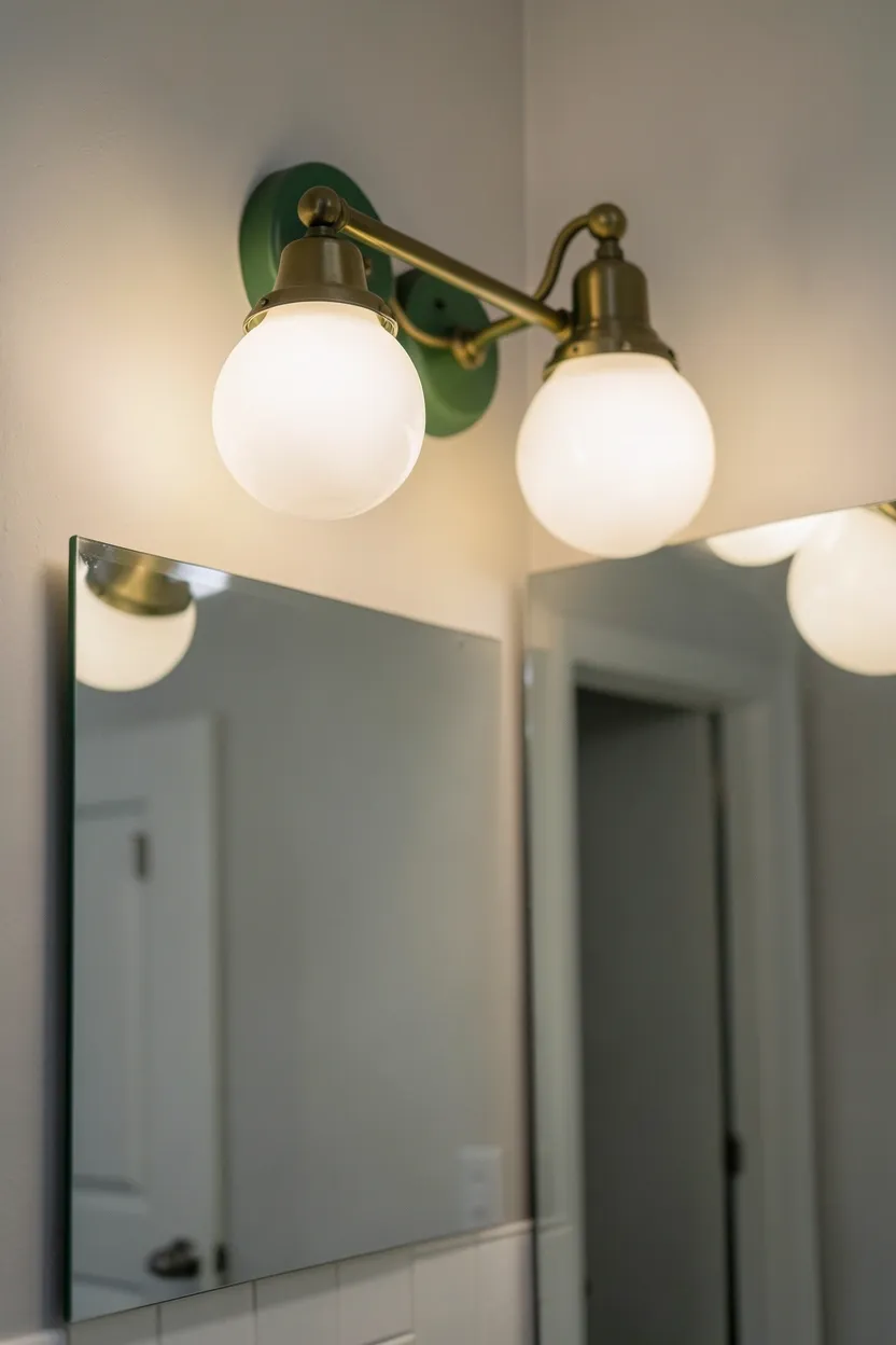 Pine green matte vanity light fixture with three bulbs mounted above a bathroom mirror, paired with brass faucet and white tile wall