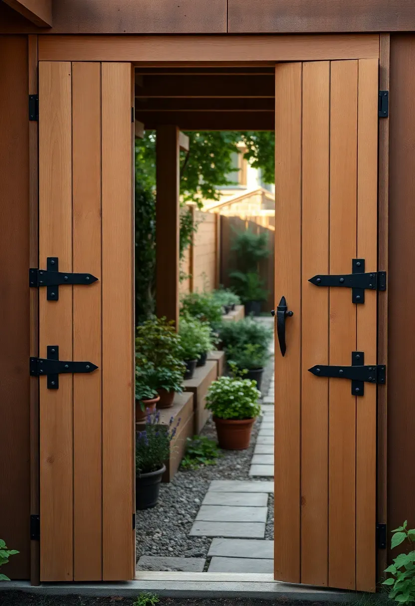 Dutch door style backyard gate with the top half open and bottom half closed, showing a garden path with potted herbs beyond