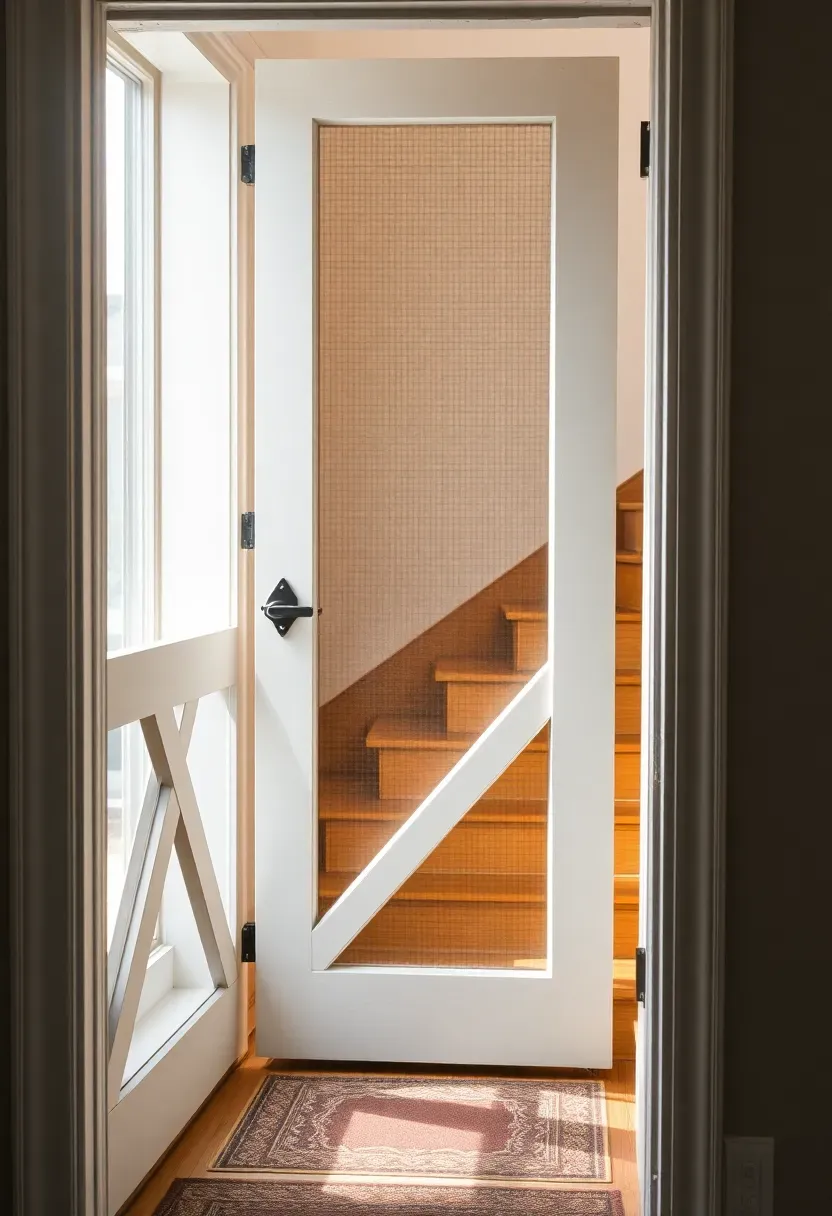 A white farmhouse screen door with a wooden frame and fine mesh panel at a basement stairwell with natural light