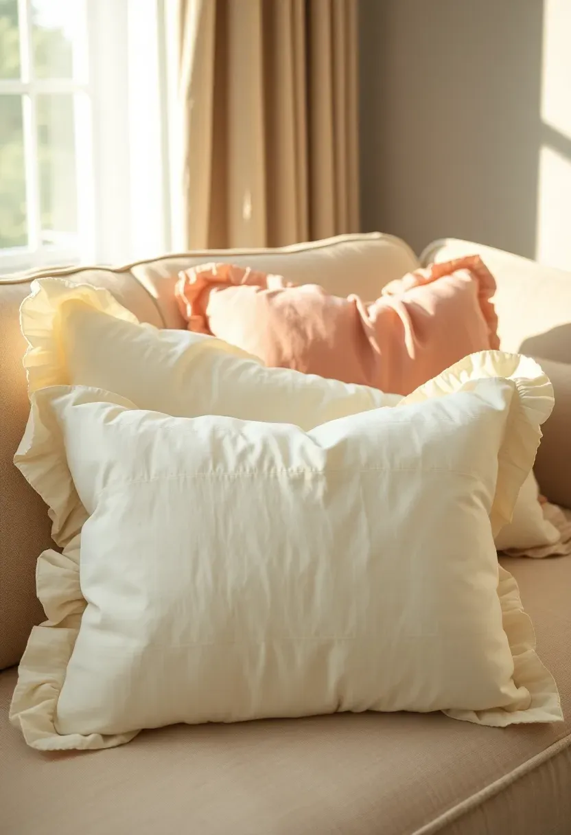 Ruffled shabby chic pillow covers in soft white and dusty rose sewn from repurposed vintage bedsheets on a linen sofa