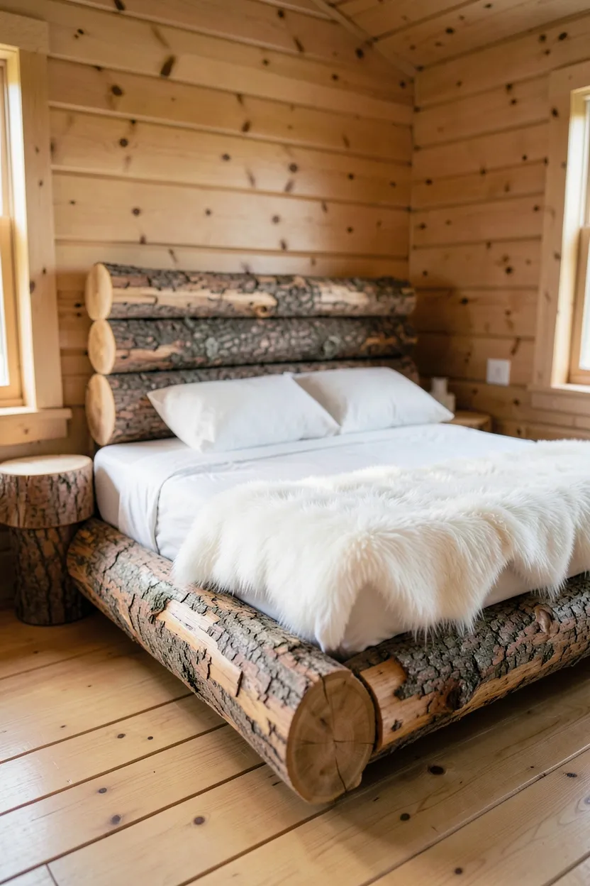 Hyper-realistic eye-level photograph of rustic cedar log bed frame in king size. Natural round cedar logs with bark texture visible, headboard and footboard made of stacked logs, white fur-style throw blanket, two log nightstands, pine walls. Materials: natural cedar logs with bark, white faux fur throw, pine walls, solid wood log nightstands. Natural morning light, authentic cabin atmosphere. Shallow depth of field, sharp details on log texture and bark, balanced composition showing bed frame and room. No text, no logos, no watermarks.</p>
