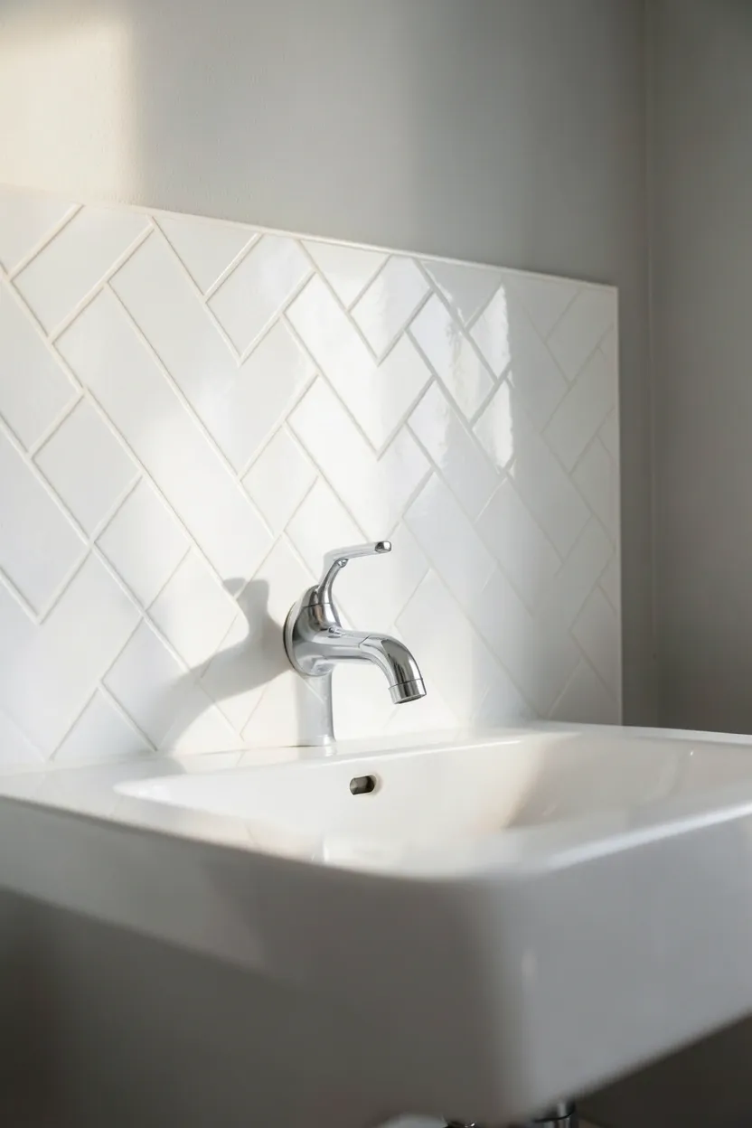 White subway peel-and-stick tile backsplash installed behind a rental bathroom vanity, looking like permanent tile with no grout or tools