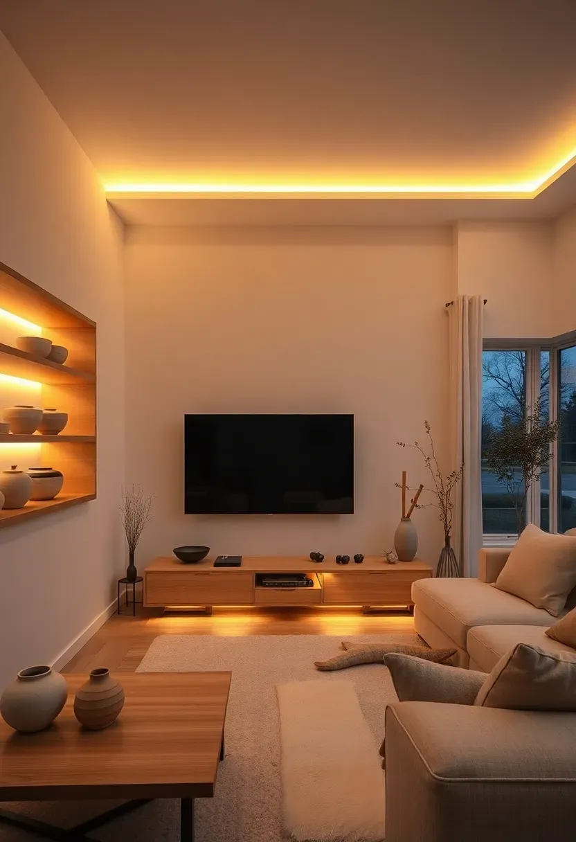 Hyper-realistic dusk view of minimalist Japandi living room with warm LED strip lighting: under-shelf glow illuminating ceramic objects below, strip light behind media console creating upward wash, subtle ceiling perimeter lighting, overall warm ambient glow filling room. Materials: light wood shelving, white walls catching warm light, ceramic vessels, cream sofa silhouette. Warm LED lighting as primary light source, cool blue outdoor light through window visible. Cozy sanctuary mood. Sharp focus on lit surfaces, wide composition showing multiple LED applications, full room context. No text, no logos, no watermarks.</p>