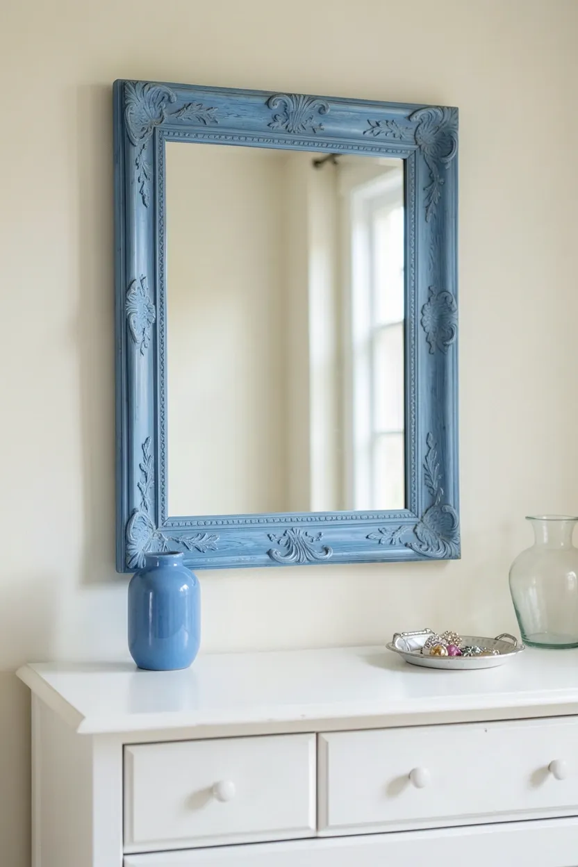 Hyper-realistic eye-level photograph of large rectangular mirror with serene blue ornate frame, mounted above white dresser. Neutral cream walls, small accessories on dresser surface including blue vase and jewelry tray, natural light from side window. Materials: painted blue wood mirror frame with decorative details, white painted wood dresser, glass vase, ceramic jewelry tray. Natural ambient light, elegant reflective atmosphere. Shallow depth of field, sharp details on mirror frame texture, balanced composition showing mirror and dresser. No text, no logos, no watermarks.</p>
