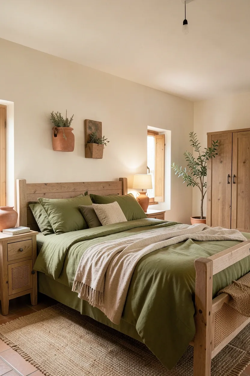 Monochromatic bedroom layering sage green, olive green, and warm cream tones in bedding, pillows, and wall color for calm tonal depth