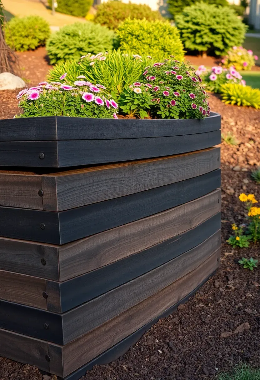 Two-tier railroad tie retaining wall holding back a sloped backyard garden bed filled with shrubs and perennials