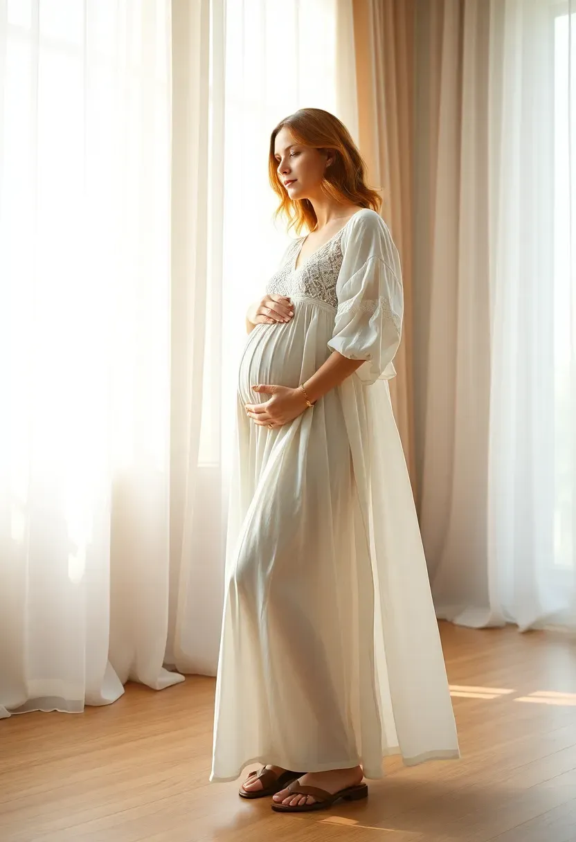 expectant mother in a flowing white boho maxi dress with lace details in an airy indoor venue