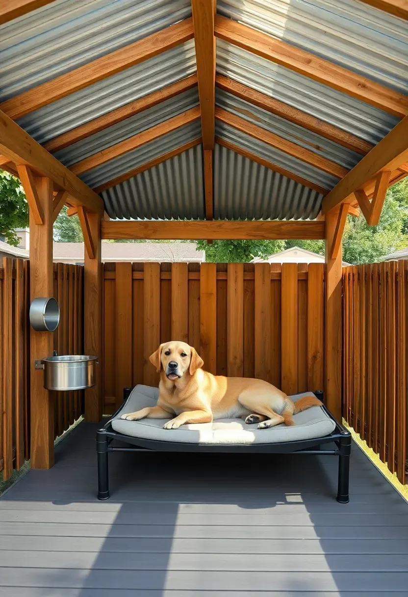 A backyard gazebo doubling as a shaded dog run with a low fence enclosure, a water station, a raised dog bed on the platform floor, and an excited golden retriever lounging inside