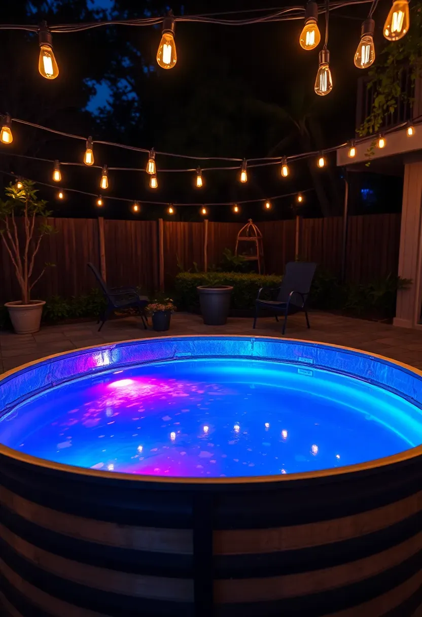 Stock tank pool glowing with underwater LED lights in blue and purple at night, surrounded by outdoor string lights and lounge chairs