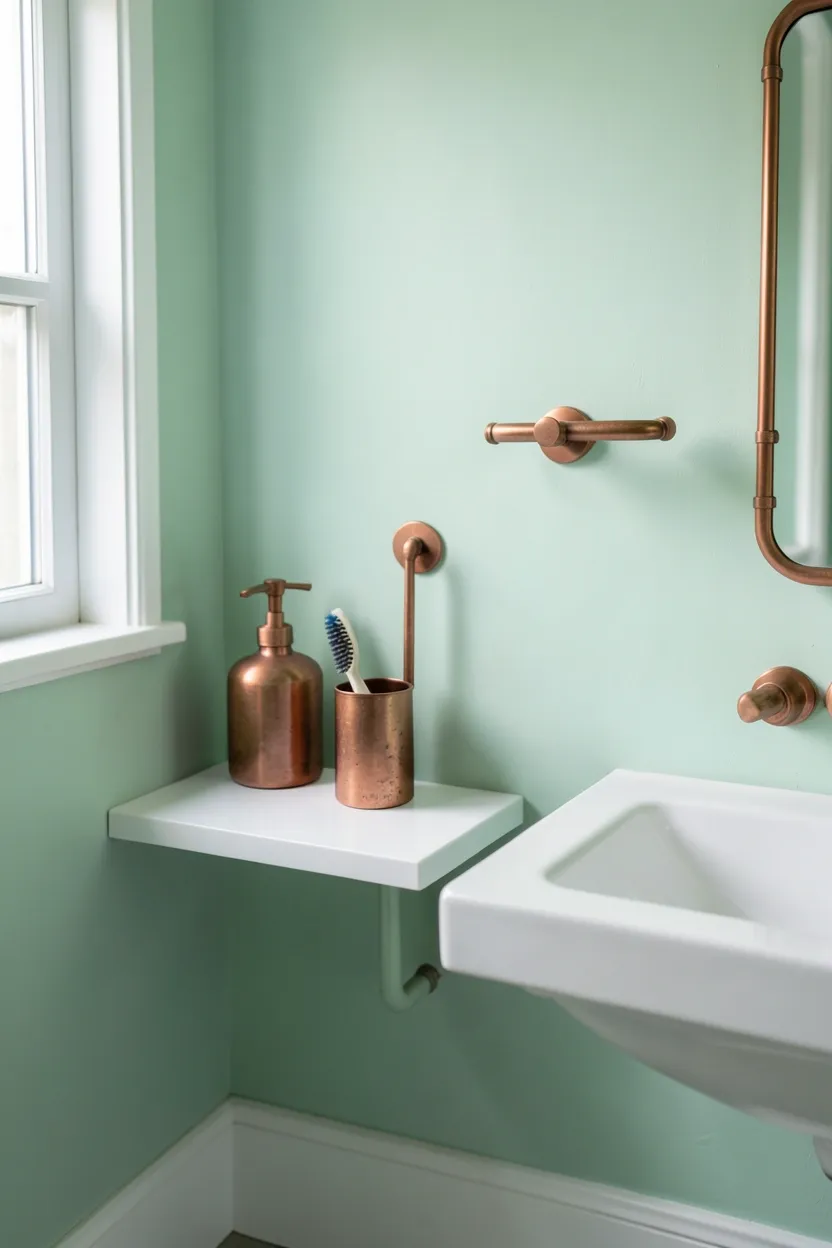 Modern mansion bathroom with mint green walls, copper mirror frame, and copper fixtures