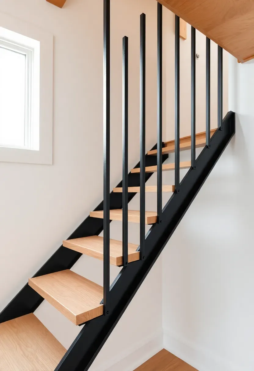 Hyper-realistic detail view of minimalist steel staircase in modern tiny house interior. Materials: powder-coated black steel, light oak treads, white wall background. Soft diffused daylight from nearby window, creating subtle shadows emphasizing steel form. Clean architectural composition showing open riser design and slim profile. Focus on craftsmanship and material contrast. Shallow depth of field blurring background. No text, no logos, architectural detail photography style.</p>