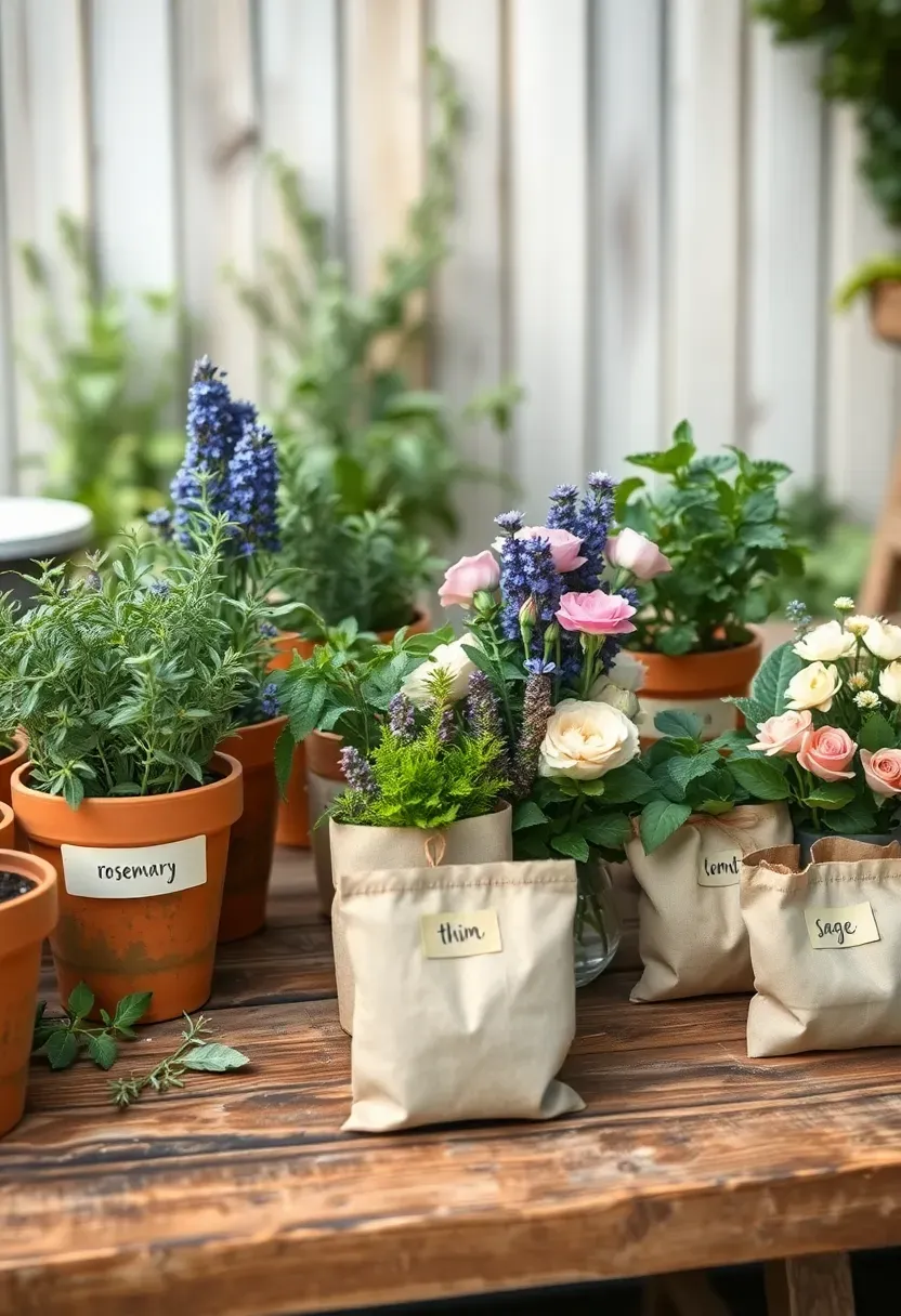 Herb and flower mix station with rosemary, thyme, lavender, mint, and small blooms in terracotta pots on a wooden table with handwritten labels