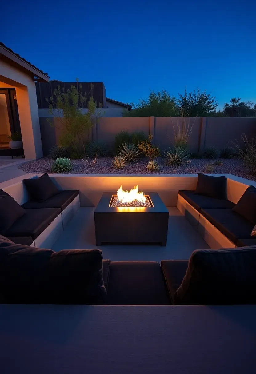 Sunken conversation pit with built-in concrete bench seating, fire table in the center, desert landscaping around the edges, and a twilight Arizona sky overhead