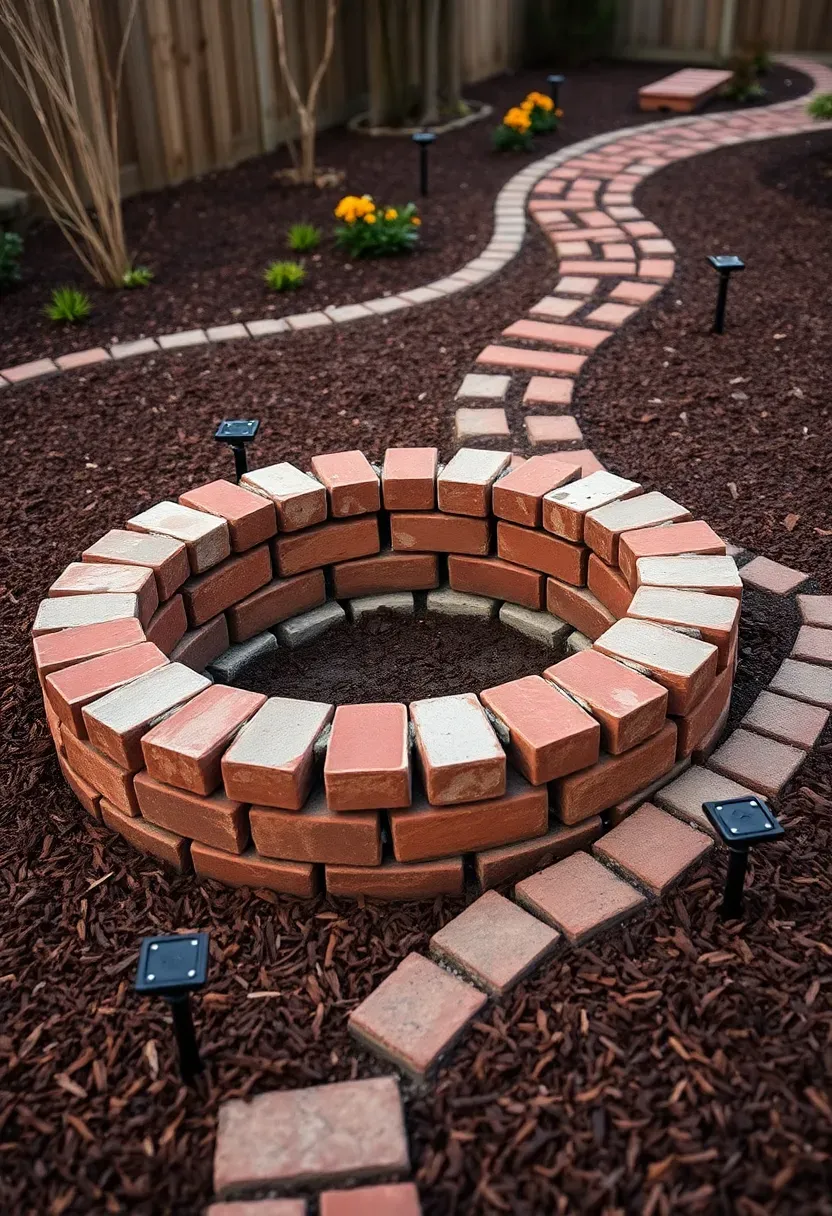 Circular fire pit built from reclaimed red bricks with a mulch pathway winding through a backyard garden