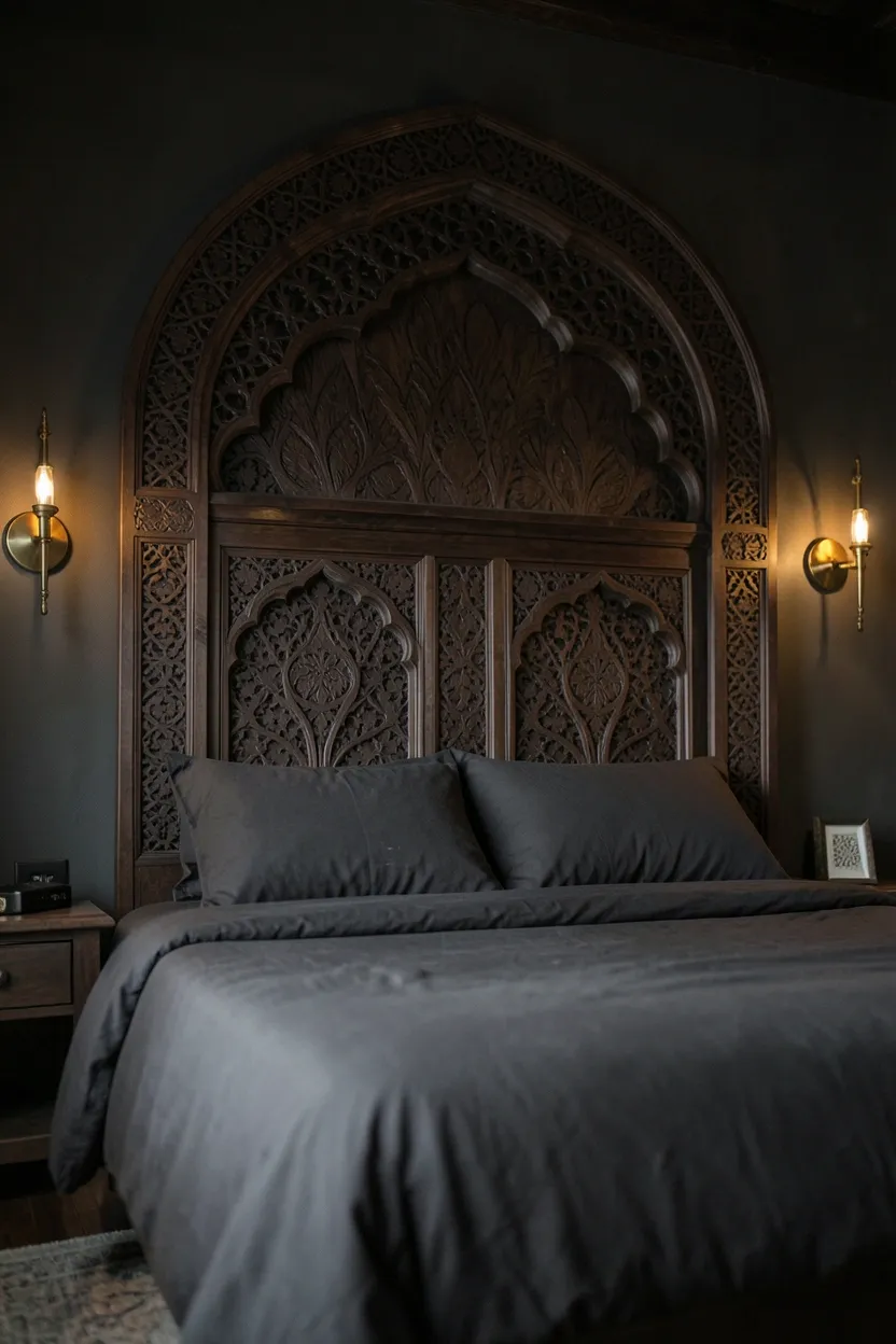 Dark boho bedroom with layered charcoal and navy bedding in linen, wool throw, velvet pillows, and a rust-toned accent cushion