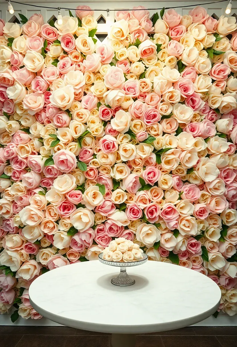 lush flower wall backdrop made of silk roses hydrangeas and peonies in soft pink and ivory tones behind a baby shower dessert table
