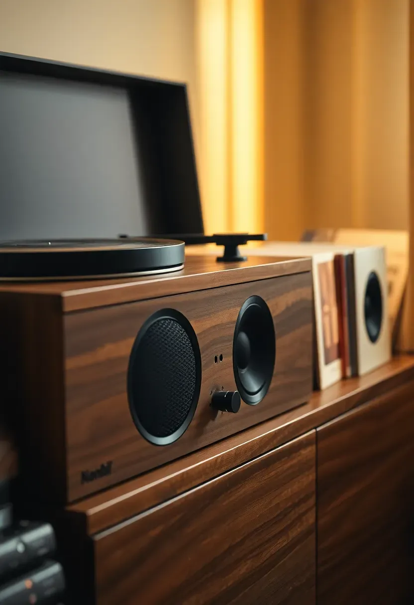Record console vignette with speakers
