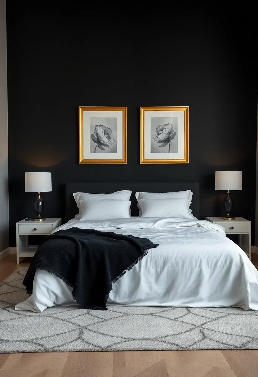 Hyper-realistic wide shot of a moody bedroom with black accent wall behind bed, remaining walls in soft light gray, queen bed with white linen bedding and black throw blanket, two gold-framed pieces of art on black wall. Visible room context with gray area rug, white bedside tables with black lamps. Materials: matte black paint, soft gray paint, gold leaf frames, crisp white linen. Warm lighting from bedside lamps, reflection in art frames adds sparkle. No text, no logos, no watermarks.</p>
