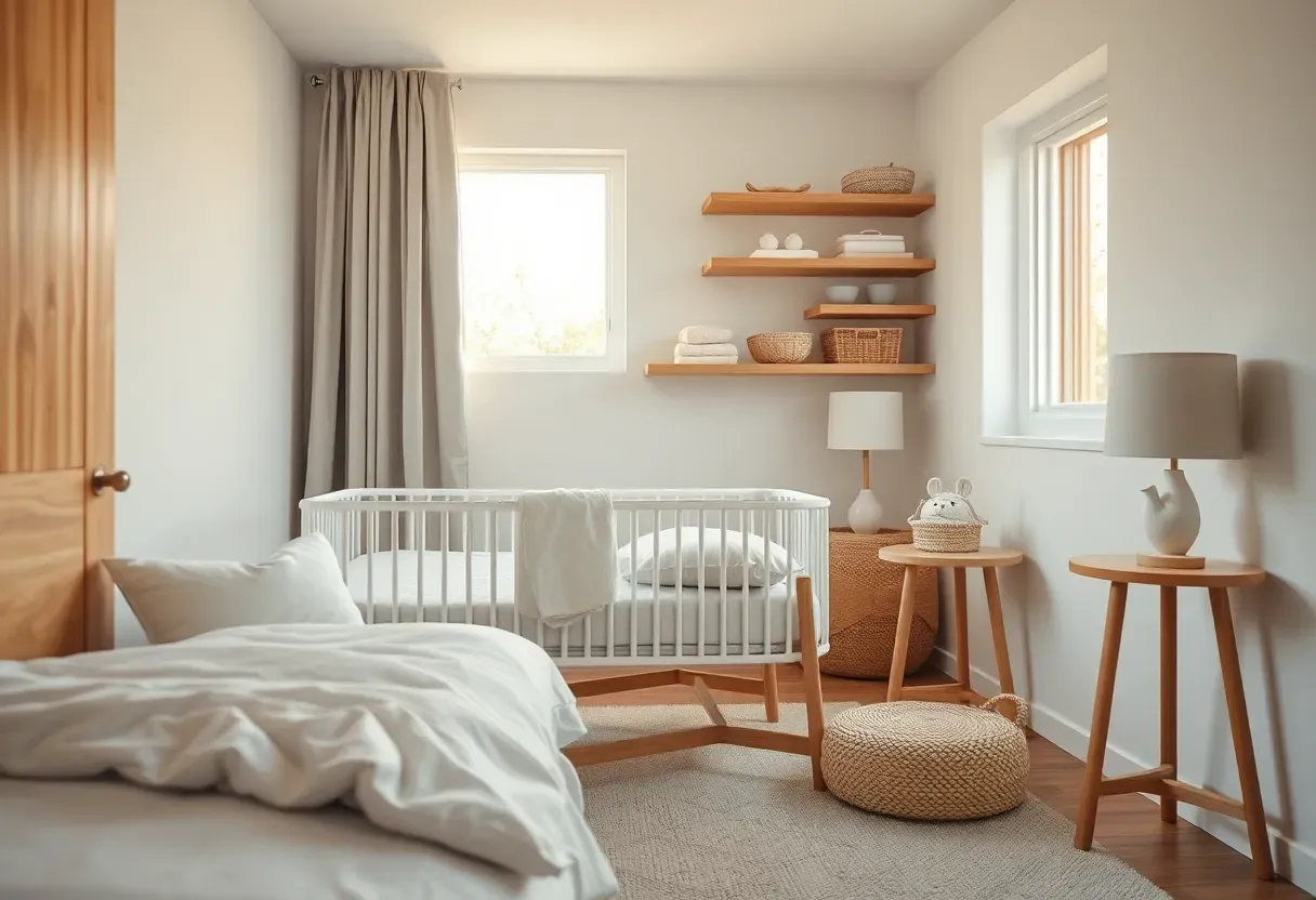 Cozy nursery corner in a small parent bedroom with bassinet, soft lighting, and woven baskets — renter-friendly bonding space setup