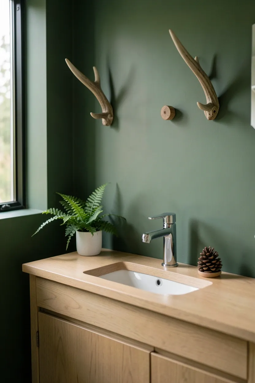 Toca Boca forest-themed bathroom with sage green walls, wood accents, potted ferns, and animal-motif towels