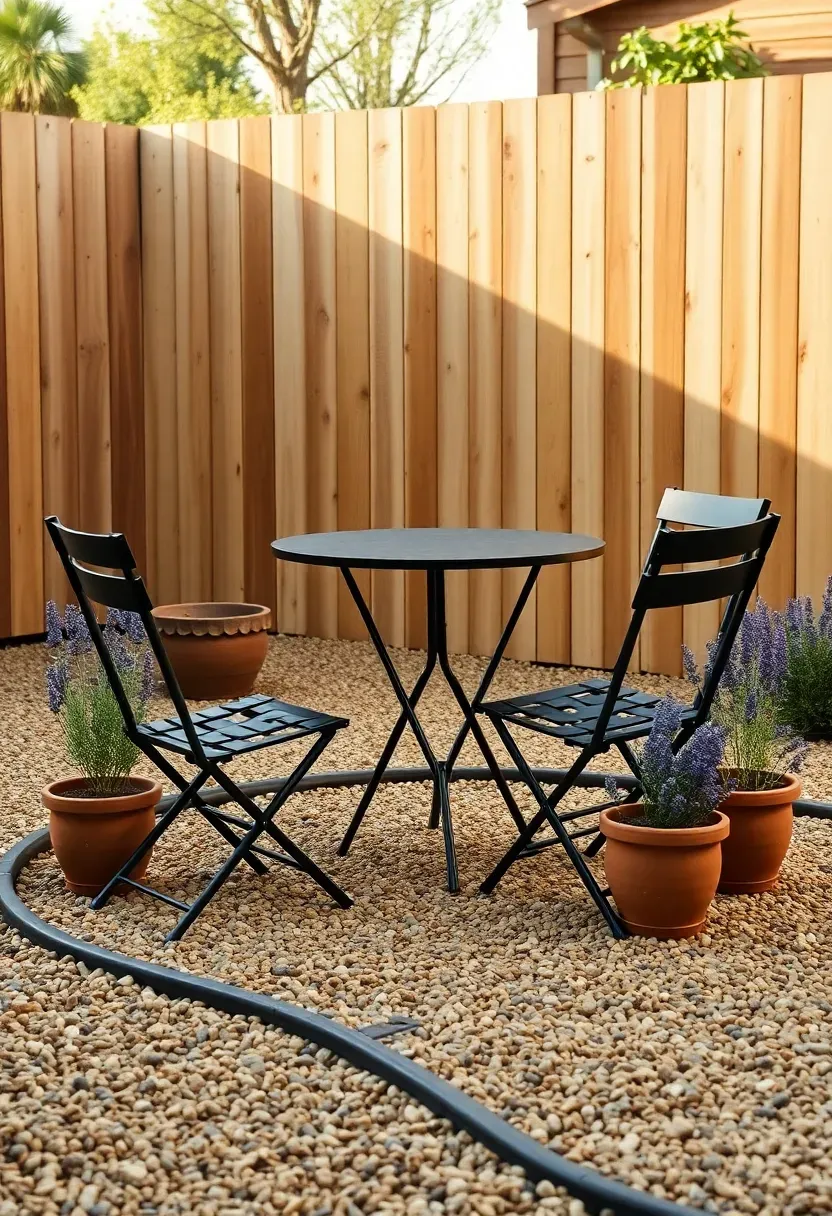 A backyard pea gravel patio with steel edging, a round bistro table with two metal chairs, and potted lavender plants along the perimeter at golden hour