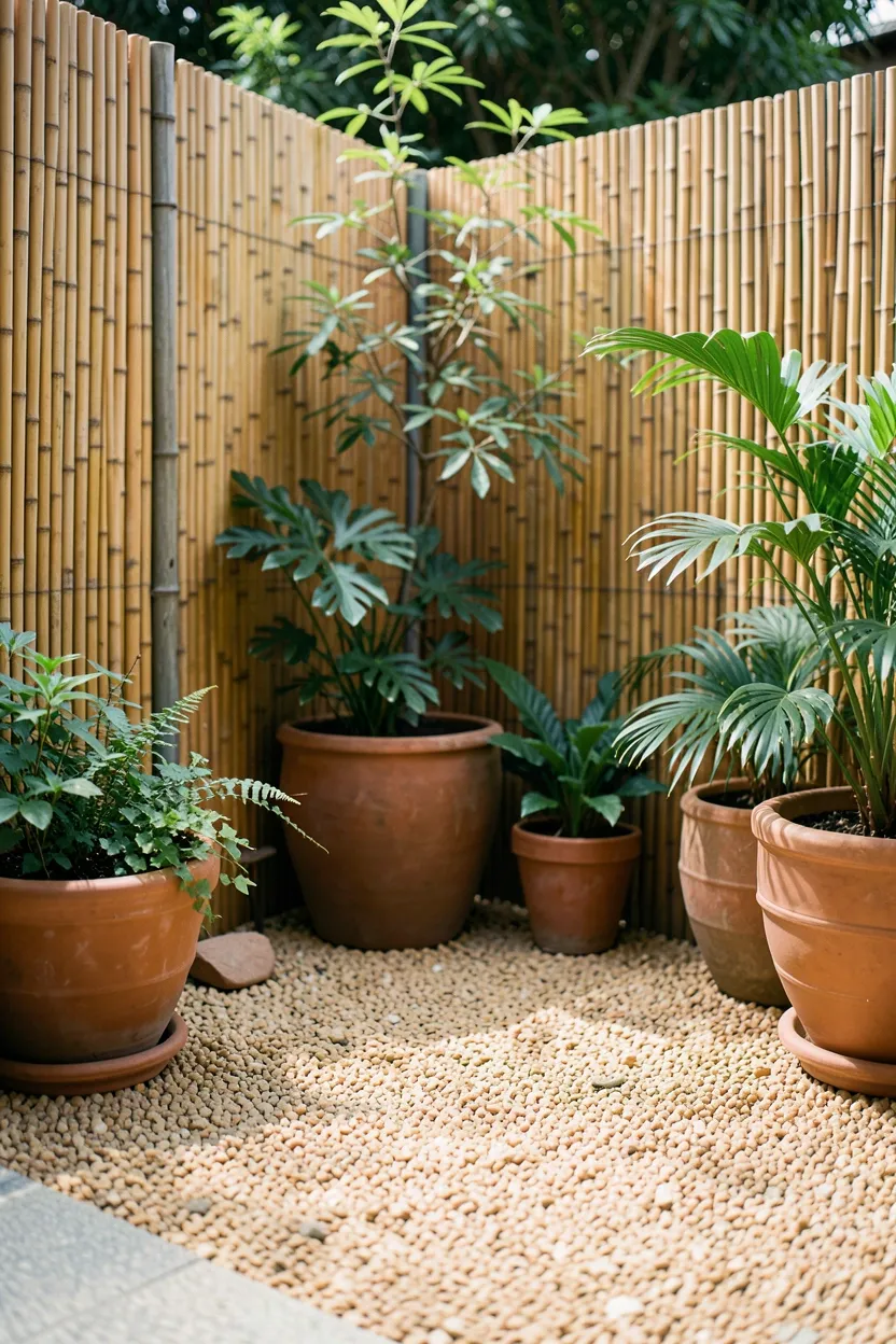 Pea Gravel Patio with Privacy Screens