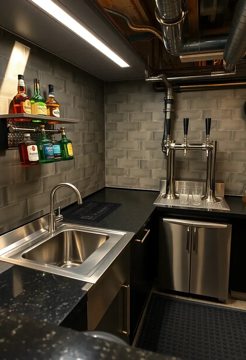 Full commercial-style basement bar with stainless steel speed rail, three-compartment sink, glass washer, rubber floor mats, and professional tap system