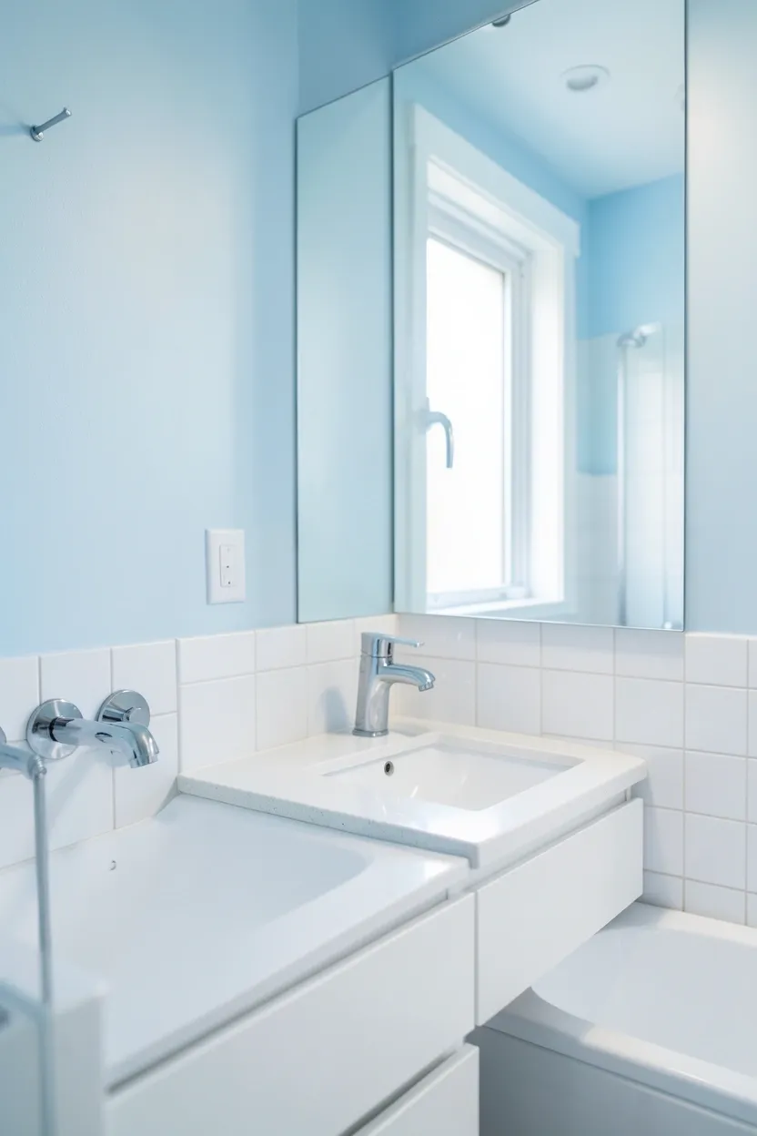 Serene rental bathroom with pale blue walls, chrome faucet, and white towels — spa-like apartment bathroom color idea for small spaces